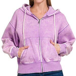 Acid wash fleece cropped zip-up hoodie w pockets "PURPLE & PINKS"